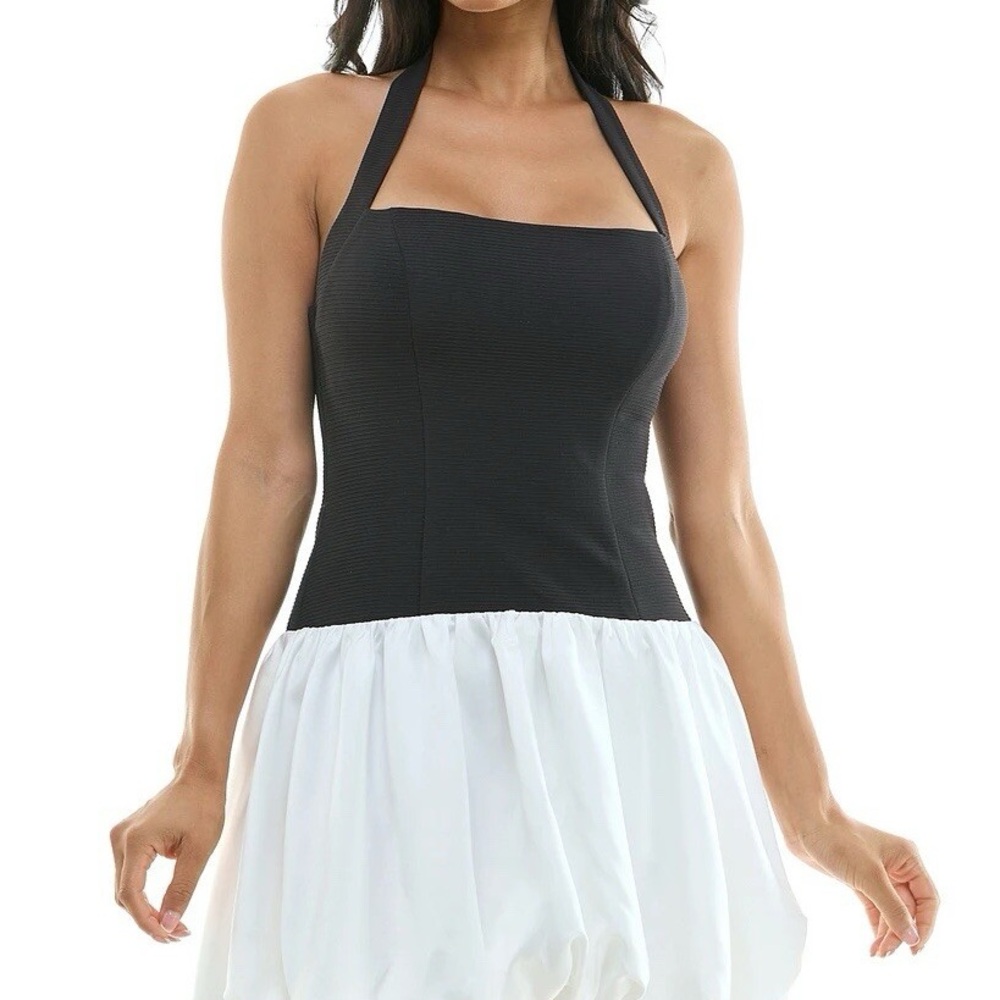 City Studio Black and White Strapless Halter Mini Dress